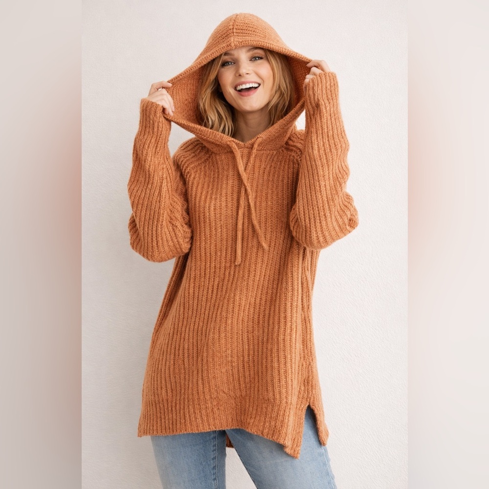 Aerie Oversized Pullover Hoodie Ribbed Knit  Size Small Wool Blend‎